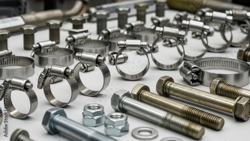 Close-up view of assorted metal fasteners and hardware on a table with a shallow focus.