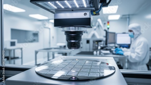 Close-up of a microscope inspecting a grid on a laboratory table with a technician in the
