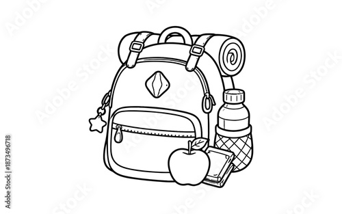 Outline of backpack with school supplies and apple