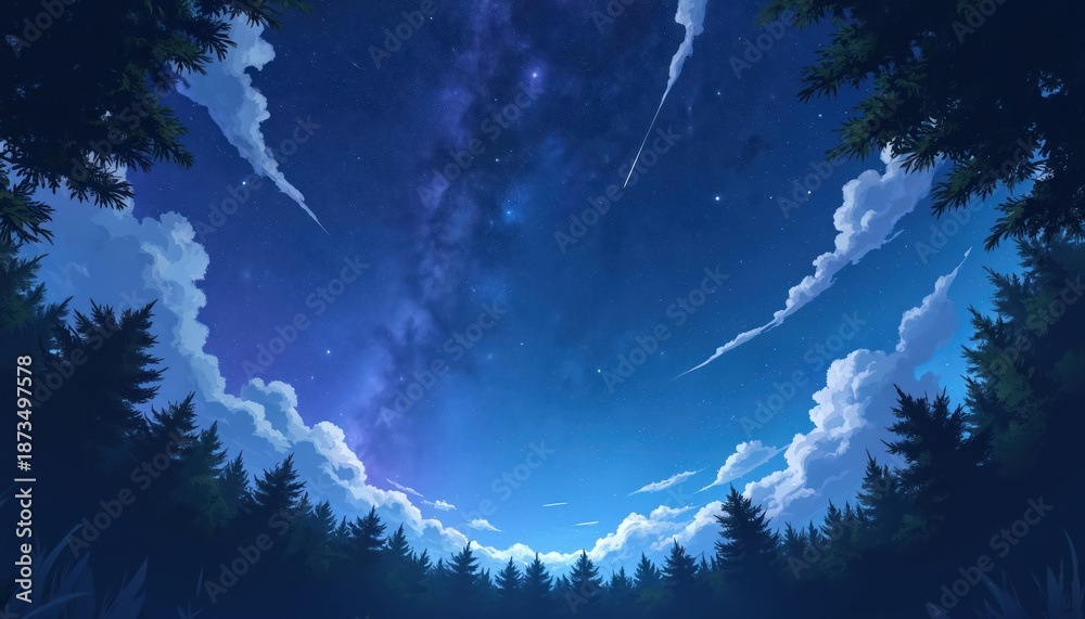 Naklejka premium Night scene features starry sky with clouds. Fir forest below. Shooting star among space objects. Great background for cosmic sci-fi theme. Space wallpaper with pine silhouettes. Celestial