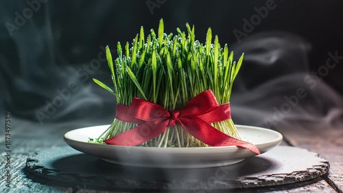Sprouted wheat grass on plate with red ribbon.