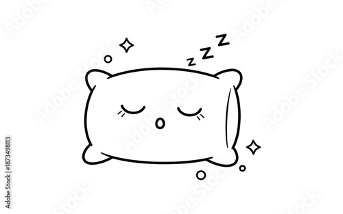 Cute pillow with sleeping face and dreamy symbols in simple outline style