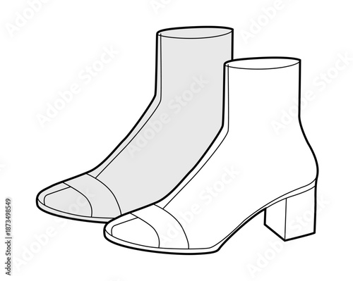 Strap block heel boot women sketch pair. Buckle detail with stacked heel for winter collection and seasonal trend. Technical fashion illustration CAD mockup vector men unisex isolated elegant style