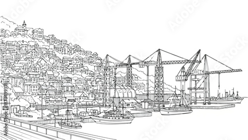 Industrial harbor crane and shipping port architectural sketch