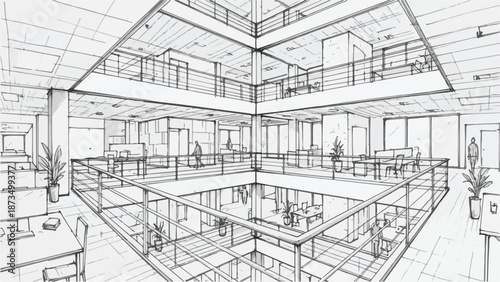Modern office interior lobby with stairs architectural sketch