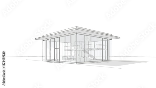 Minimalist glass pavilion gallery structure architectural sketch