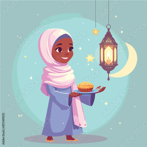 Young Muslim Girl with Ramadan Lantern and Pastry Flat Cartoon Vector