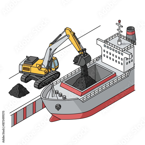 Excavator loading coal onto a cargo ship at a port.