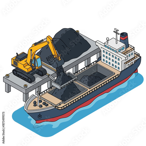 Excavator loading coal onto a cargo ship at a port.
