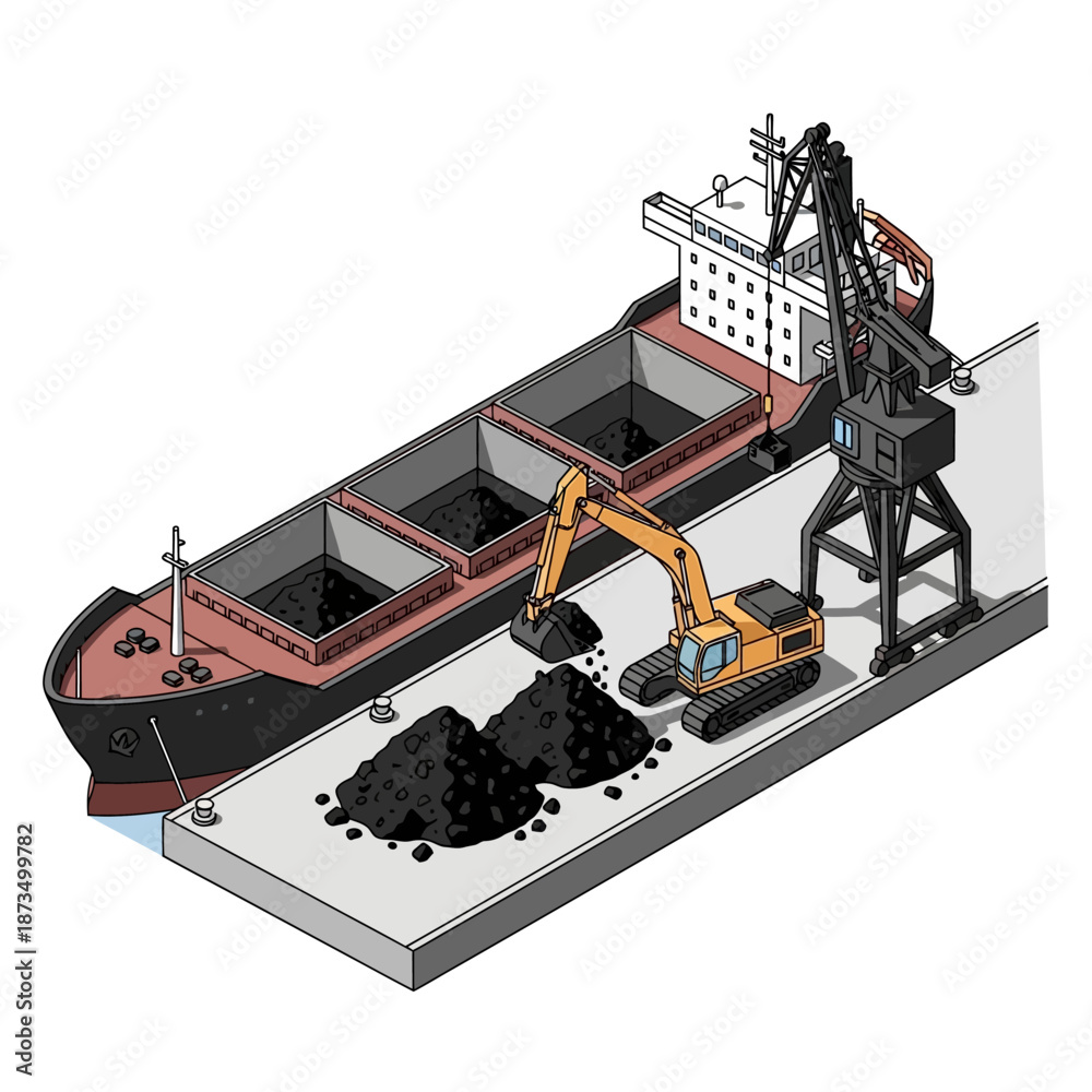 Naklejka premium Isometric illustration of a bulk carrier ship being loaded with coal by an excavator at a port.