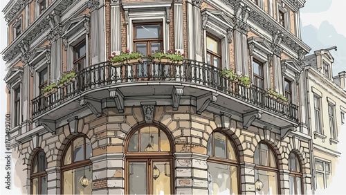 Ornate classic building balcony detail architectural sketch