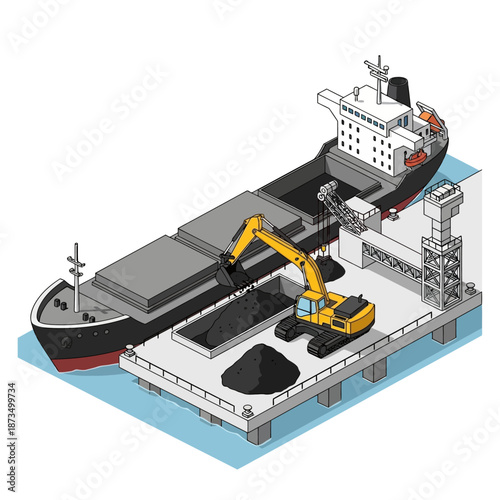 Isometric illustration of a bulk carrier ship being loaded with coal at a port terminal.