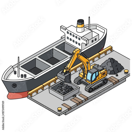 Isometric illustration of a bulk carrier ship being loaded with coal by an excavator at a port.
