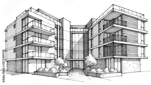 Modern residential apartment block with balconies sketch