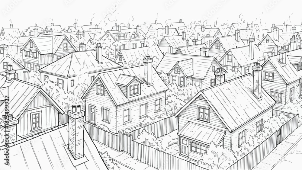 Obraz premium Architectural sketch of suburban residential neighborhood houses