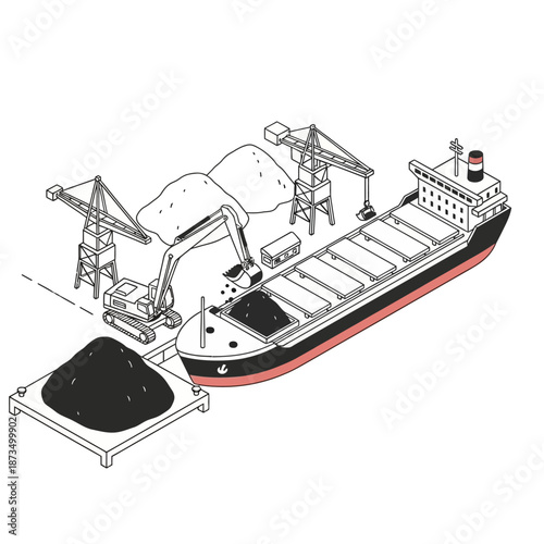 Isometric Illustration of Bulk Carrier Ship Loading Coal at Port.