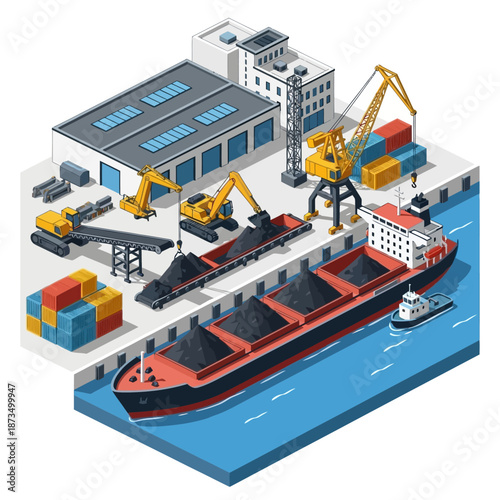 Isometric view of a bustling cargo port with ships and cranes.