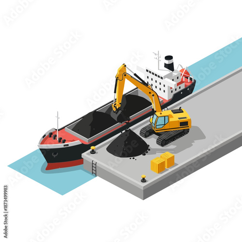 Isometric view of a cargo ship being loaded with coal by an excavator at a port.