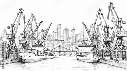 Industrial harbor cargo cranes shipping port sketch