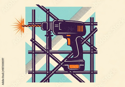 Stylized Illustration of Power Drill on Construction Scaffolding Graphic