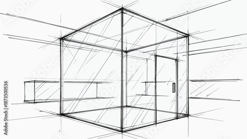 Technical perspective drawing of geometric cube sketch