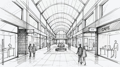 Modern shopping mall interior with shops and people sketch