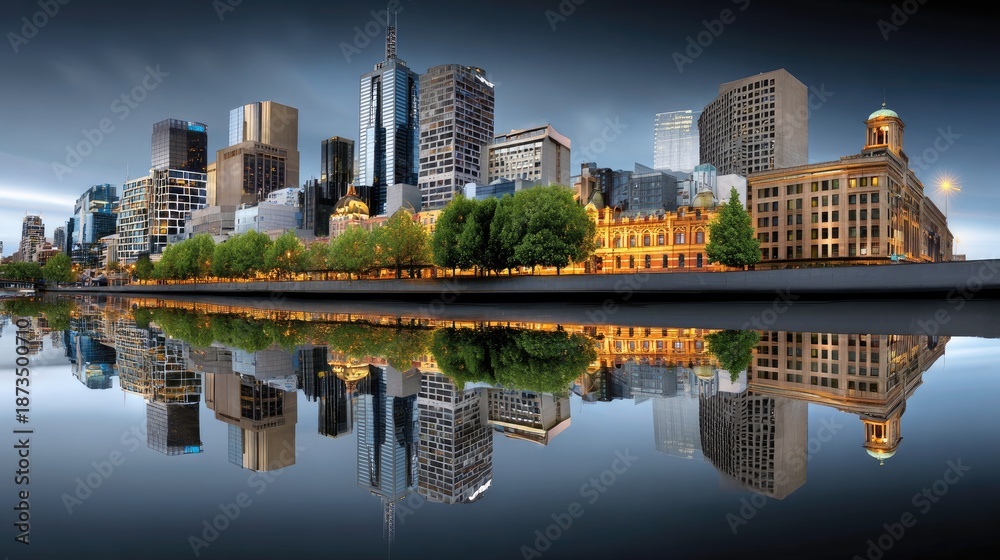 Naklejka premium Stunning Cityscape of Melbourne at Dusk with Reflections on the Yarra River Showcasing Modern Architecture and Urban Beauty in Vibrant Colors
