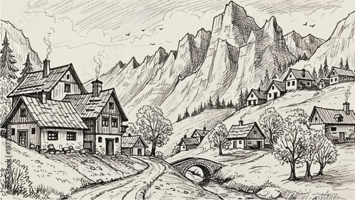 Cozy alpine mountain village with wooden houses sketch