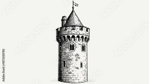 Hand drawn architectural sketch of medieval stone tower