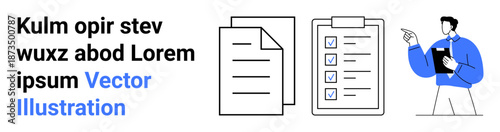Business management, task organization, workflow design, document review, project planning, productivity solutions. Documents, checklist and person holding a clipboard. Workflow design