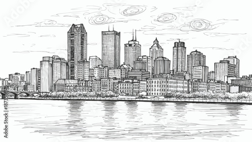 Modern metropolis waterfront skyline with skyscrapers sketch