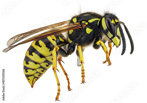 extreme macro shot of a yellow jacket wasp specimen, highlighting the segmented abdomen, glossy yellow stripes, and chitin texture on a transparent background. entomology study concept