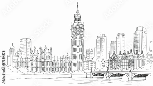 Detailed sketch of London skyline with Big Ben and Parliament