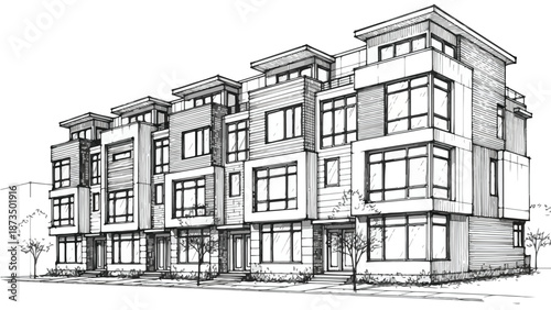 Modern multi unit residential townhouse architectural sketch