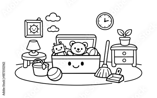 Cute cartoon toy chest filled with teddy bear, robot, and balls, ready for playtime
