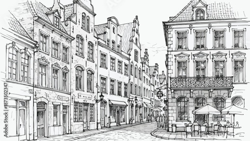European old town street with classic facades sketch