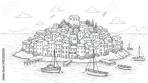 Mediterranean coastal village island architectural sketch