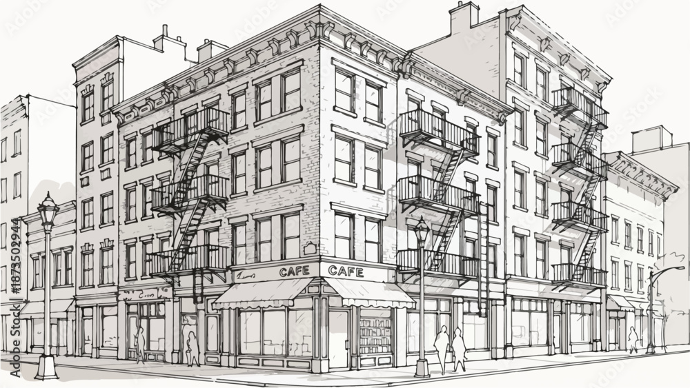 Obraz premium Classic urban corner apartment building sketch