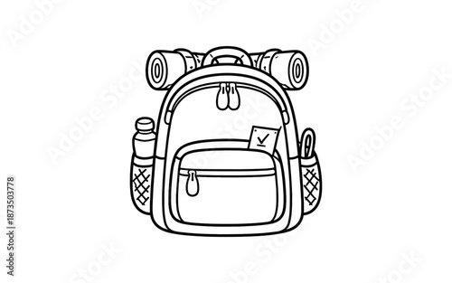 Cartoon backpack with rolled sleeping bags on top and water bottle on the side