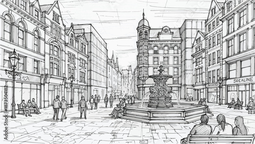 European city square with fountain and pedestrians sketch
