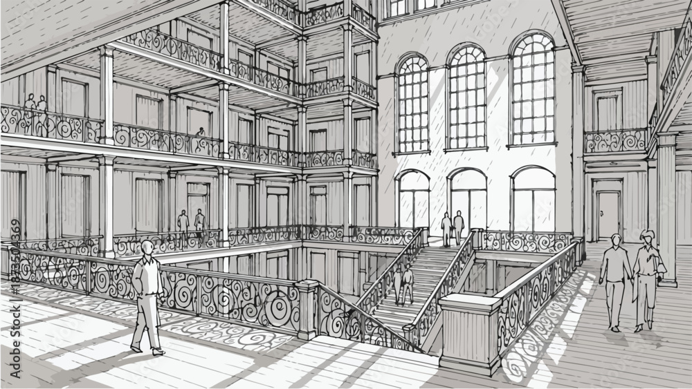 Obraz premium Interior architectural sketch of historic grand hallway