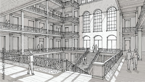 Interior architectural sketch of historic grand hallway