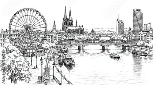 City river panorama with ferris wheel architectural sketch