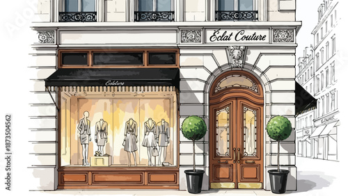 Elegant boutique storefront with classic wooden door sketch