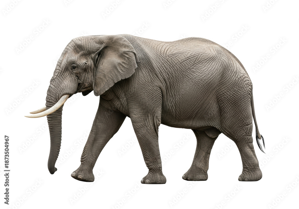 Obraz premium colossal male african bush elephant mid-stride, ultra-detailed wrinkled gray skin, massive upward-curving tusks, isolated full profile shot on a transparent studio backdrop, concept of wildlife