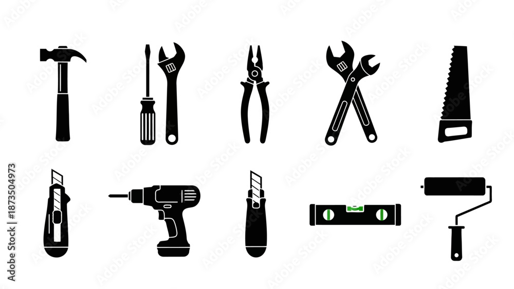 Fototapeta premium Collection of various black construction tools on white background.