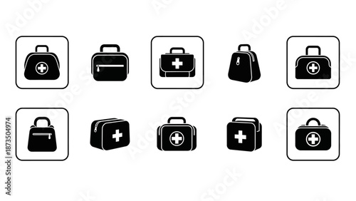 Collection of Medical Bag Icons in Black and White.