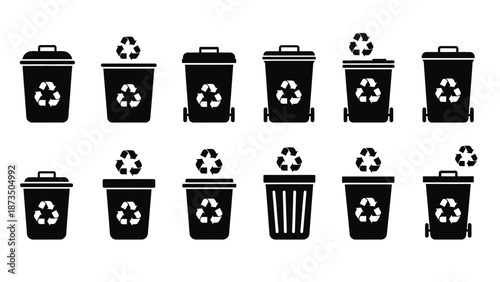 Collection of recycling bins and trash cans with recycling symbols.
