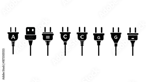 Various international power plugs and sockets for travel and technology.