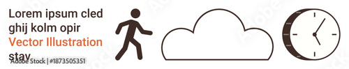 Time management, connectivity, productivity, daily routines, simplicity, workflow. Minimalistic walking figure, cloud and clock design. Time management and connectivity symbolism